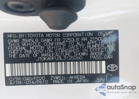 2020 Toyota Prius Le из США, поврежденный, VIN JTDKARFU3L3125260